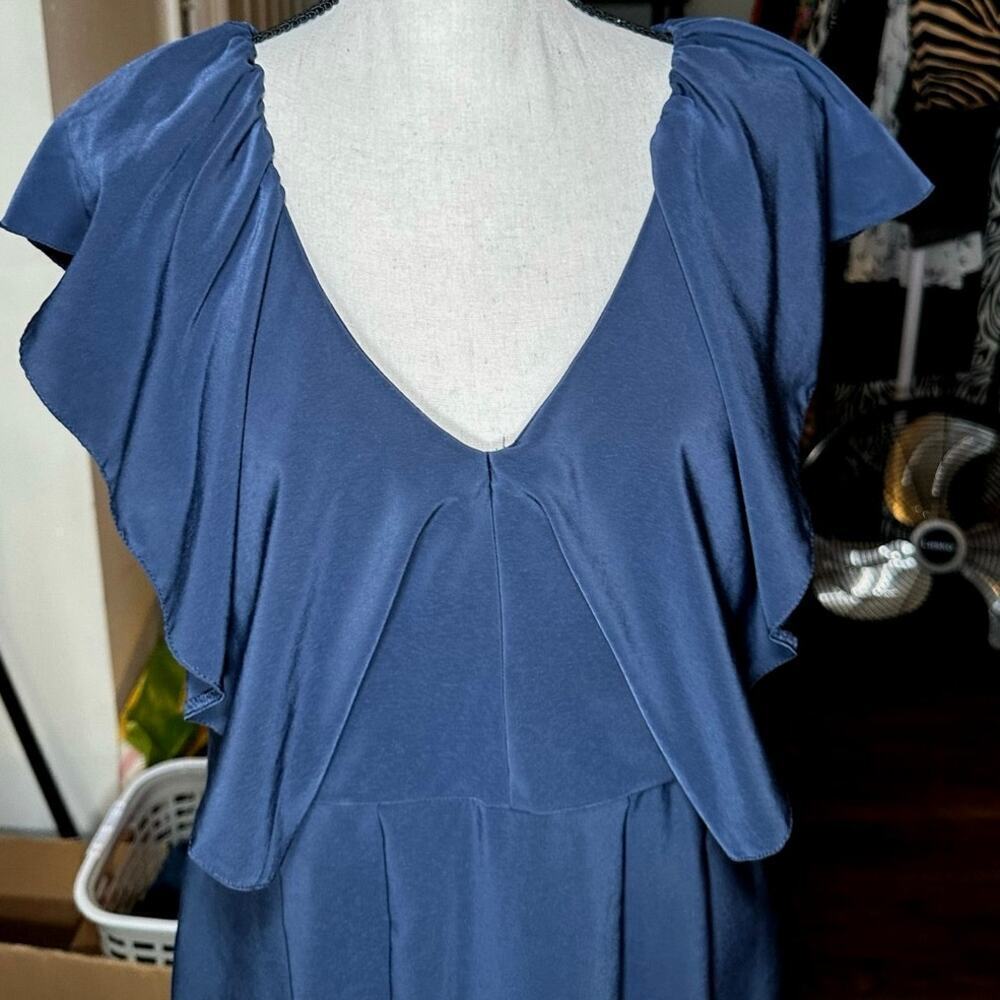 H&M Blue Midi Ruffle Dress Pockets, Size 12 Career Wear to work - Picture 2 of 4